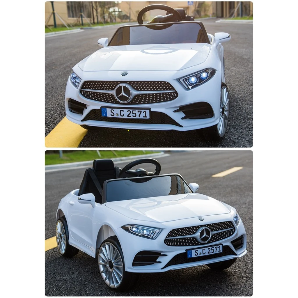 Бял детски Mercedes-Benz CLS350 на път